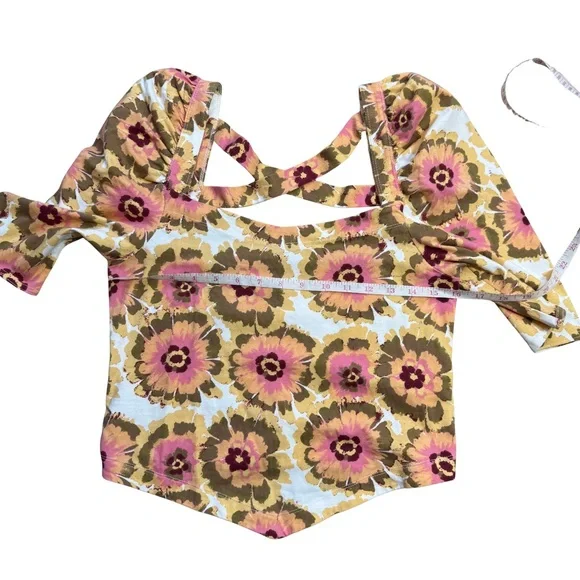 NWT Free People LARGE Give Me More Top in Ivory Combo Puff Sleeve Boho Crop Top - Picture 10 of 12